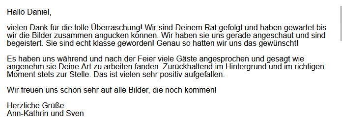 Feedback liebe Worte Ann-Kathrin & Sven